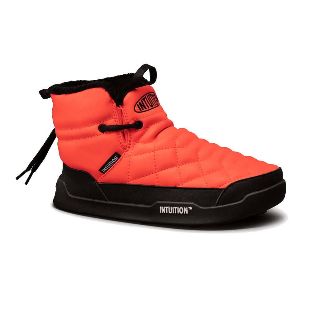 Orange and black winter boot with 'Intuition' branding on a white background