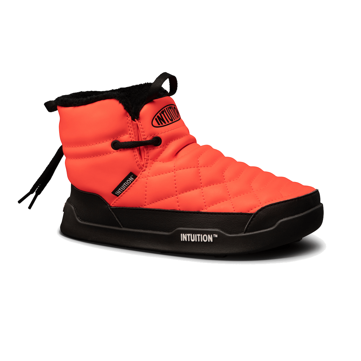 Orange and black winter boot with 'Intuition' branding on a white background