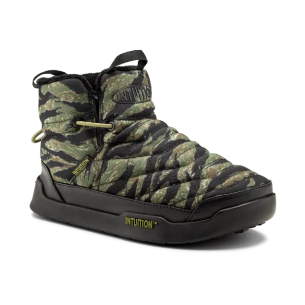 Camouflage-patterned boot with black sole on a white background