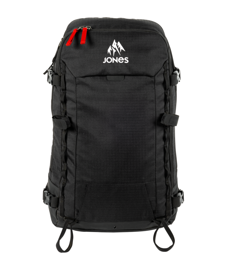 Black backpack with red zippers and 'Jones' logo on a white background