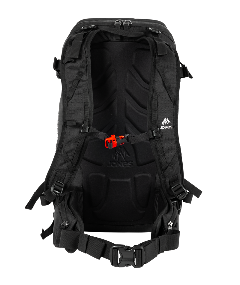 Black backpack with visible brand logo on a white background