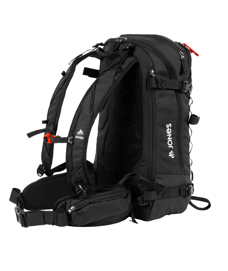Black backpack with visible branding on a white background