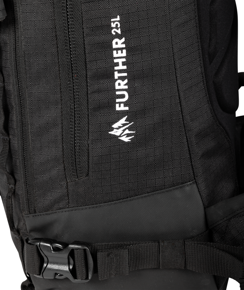Black backpack with 'Further 25L' branding on a white background