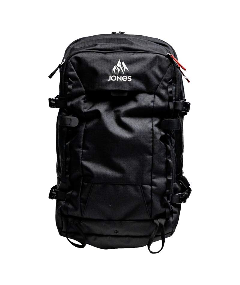 Black backpack with 'Jones' logo on a white background