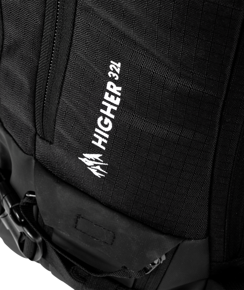 Black backpack with 'HIGHER 32L' logo on a white background