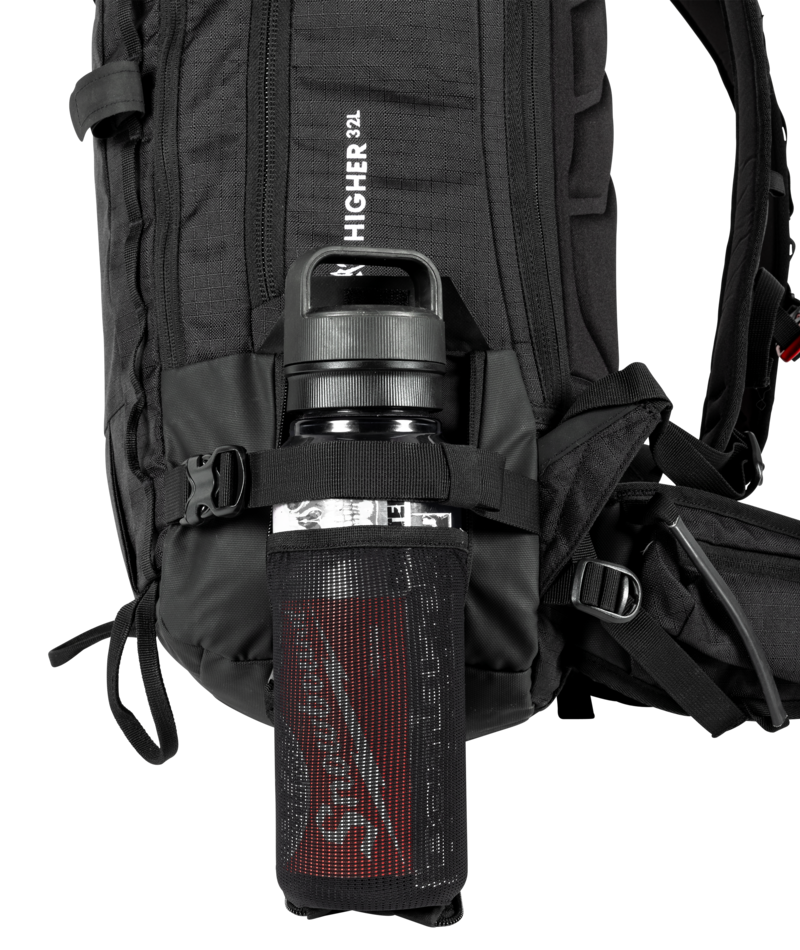 Black backpack with a water bottle holder attached, featuring the brand 'Higher 32L'.