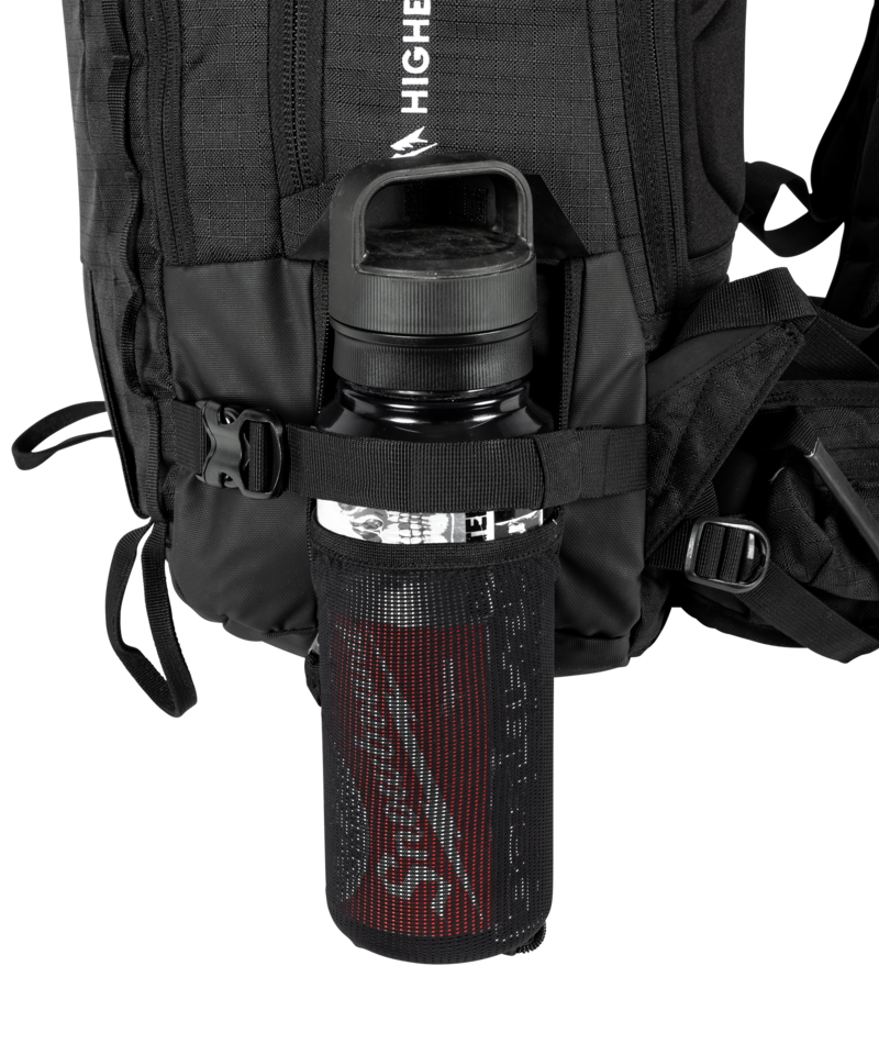Black backpack with a water bottle holder containing a black water bottle.