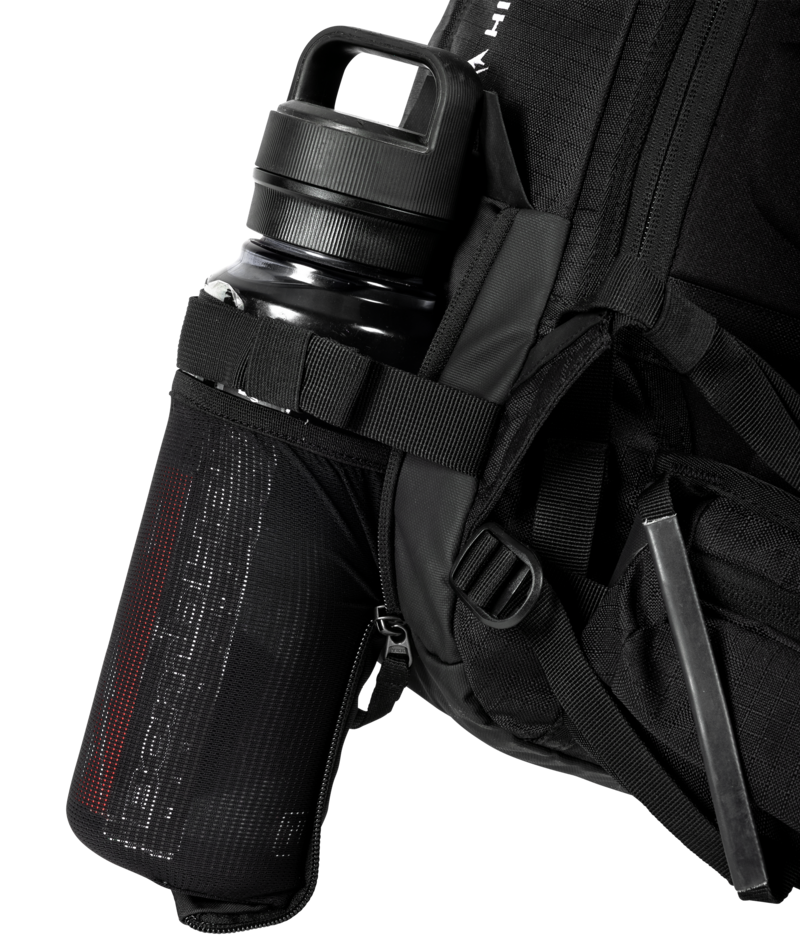 Black water bottle with holder attached to a backpack on a white background