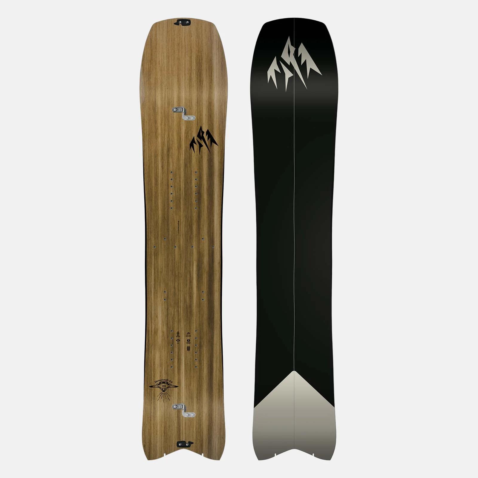 Wooden and black snowboard with mountain logo on a white background