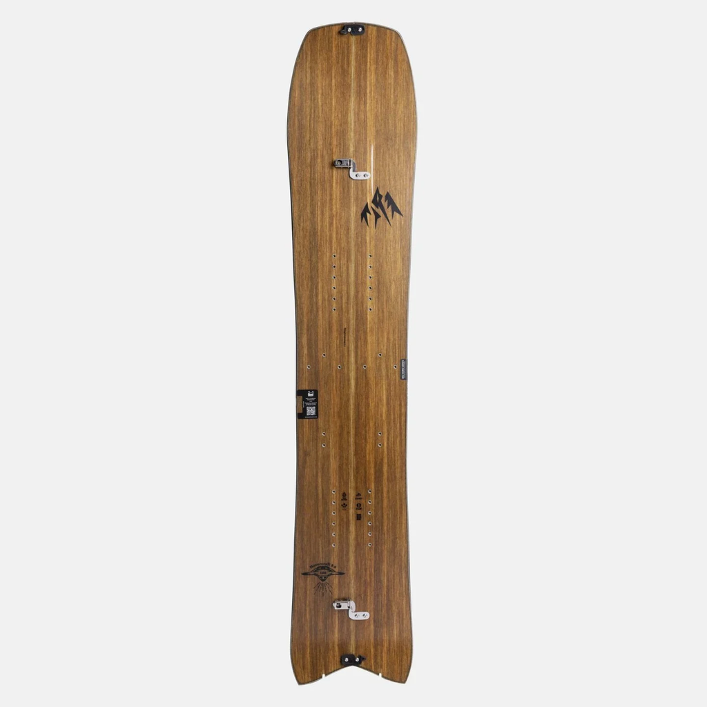 Wooden snowboard with branding on a white background