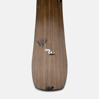 Wooden snowboard with a brand logo on a white background