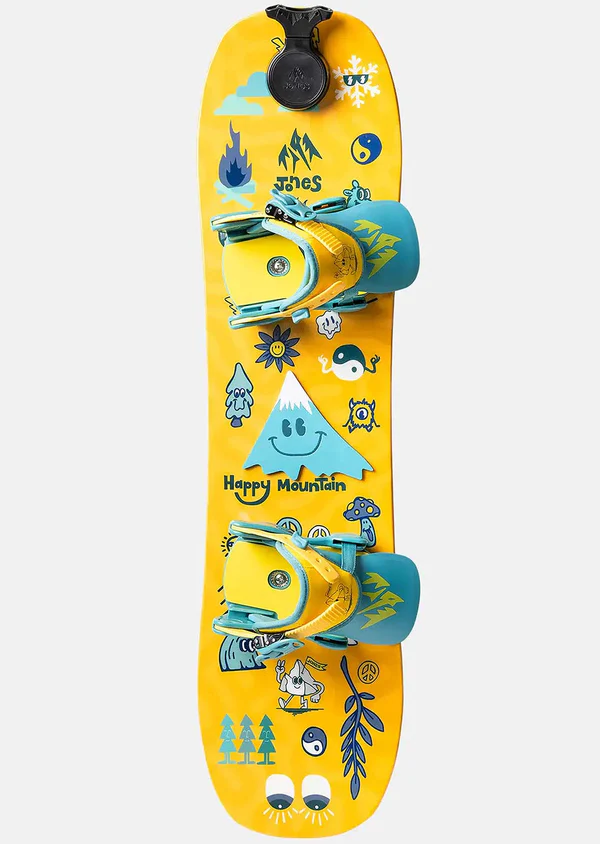 Yellow snowboard deck with cartoon designs on a white background