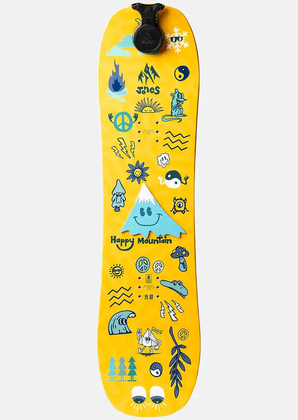 Snowboard deck with colorful graphics on a yellow background