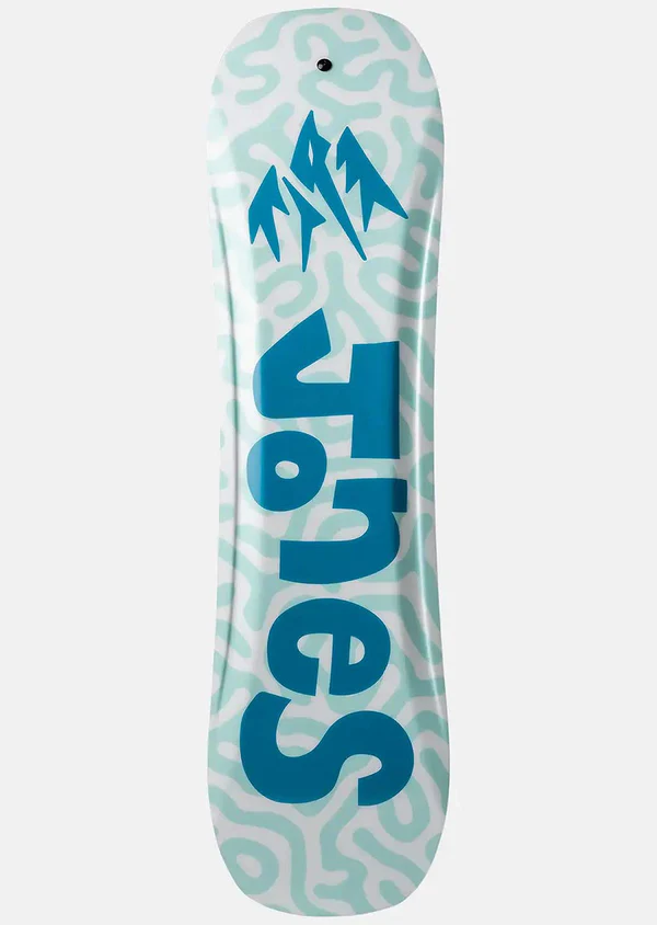 Snowboard deck with blue 'Jones' logo on a light blue patterned background