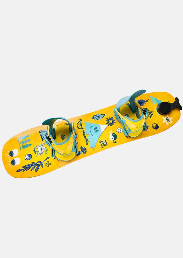 Yellow snowboard with cartoon designs on a white background