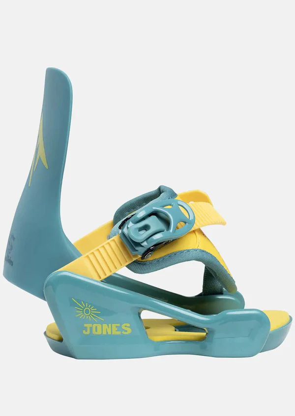 Teal and yellow snowboard binding on a white background