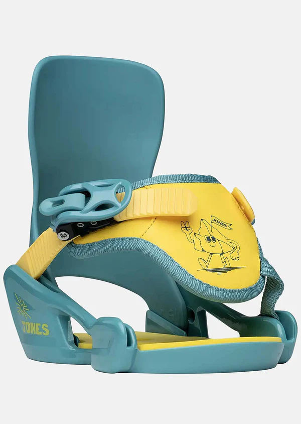 Teal and yellow snowboard binding on a white background