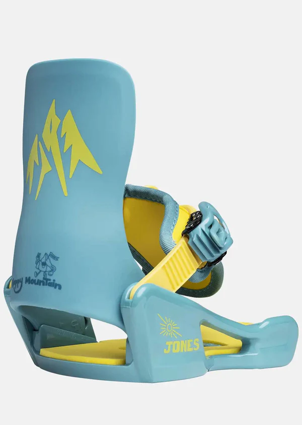 Blue and yellow snowboard binding with mountain logo on a white background