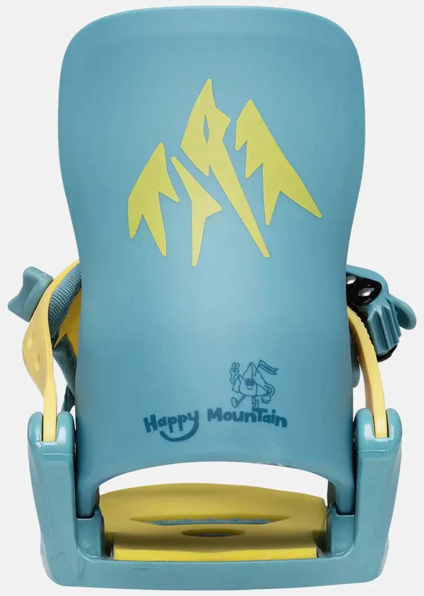Blue and yellow snowboard binding with mountain graphic and 'Happy Mountain' branding.