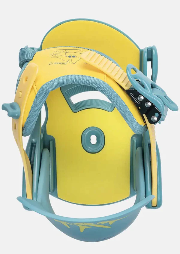 Yellow and blue snowboard binding on a white background