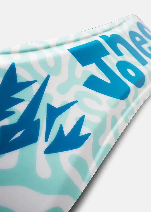 Product with blue geometric design on a light blue background