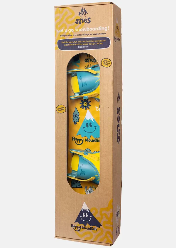 Kids snowboard in a Happy Mountain branded box on a white background