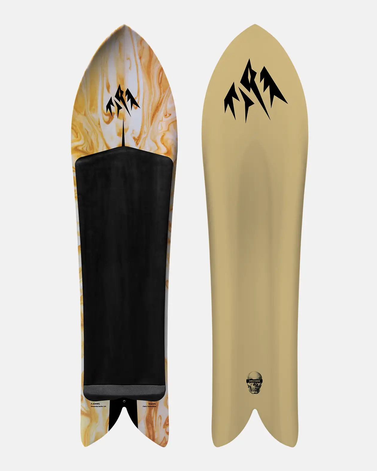 Two snowboards, one with a flame pattern and the other beige with black logo, on a white background.