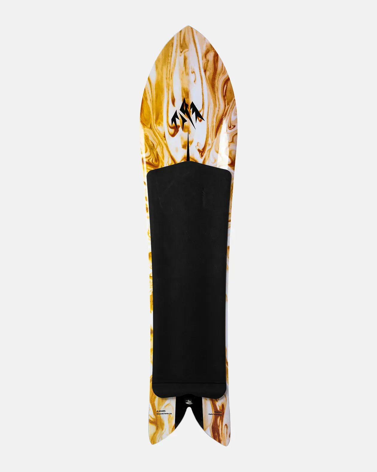 Snowboard with flame pattern and black grip tape on a white background