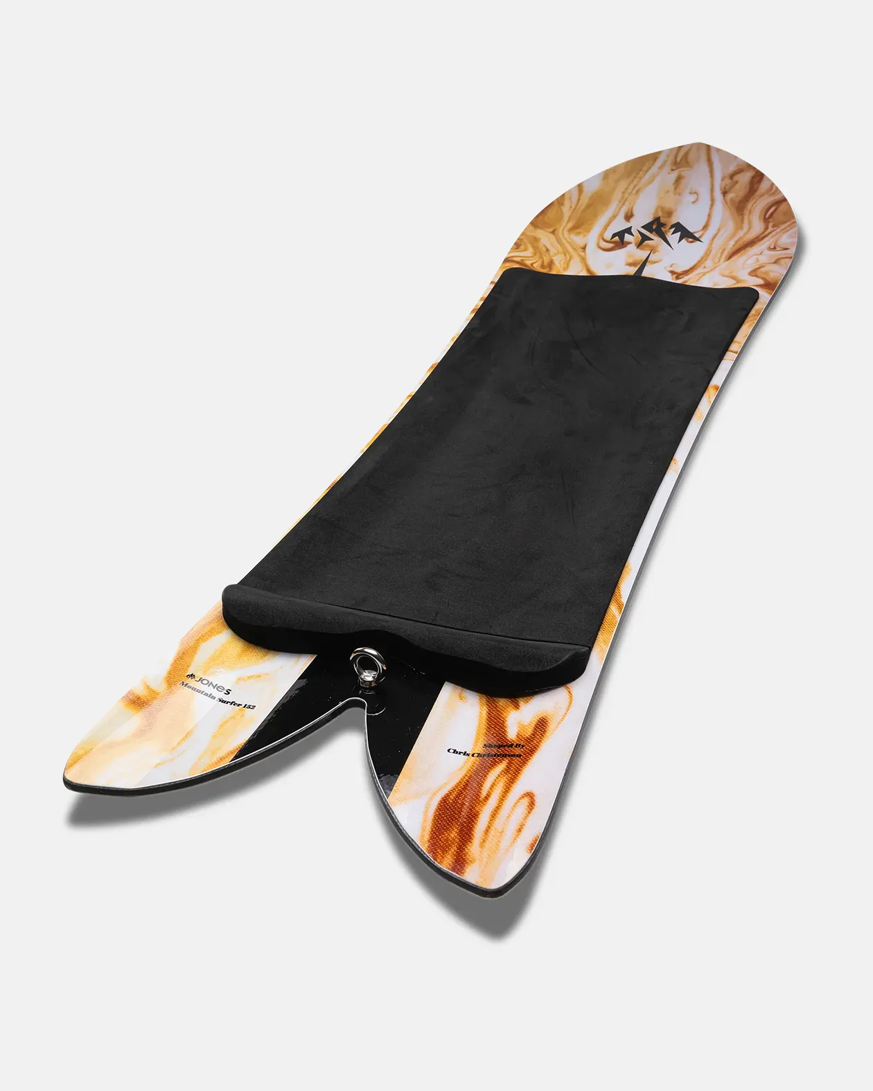 Marbled patterned snowboard with a black cushion on a white background