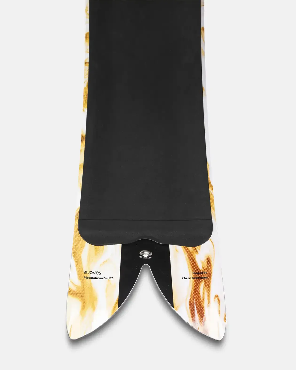 Black and white surfboard with flame design on a white background
