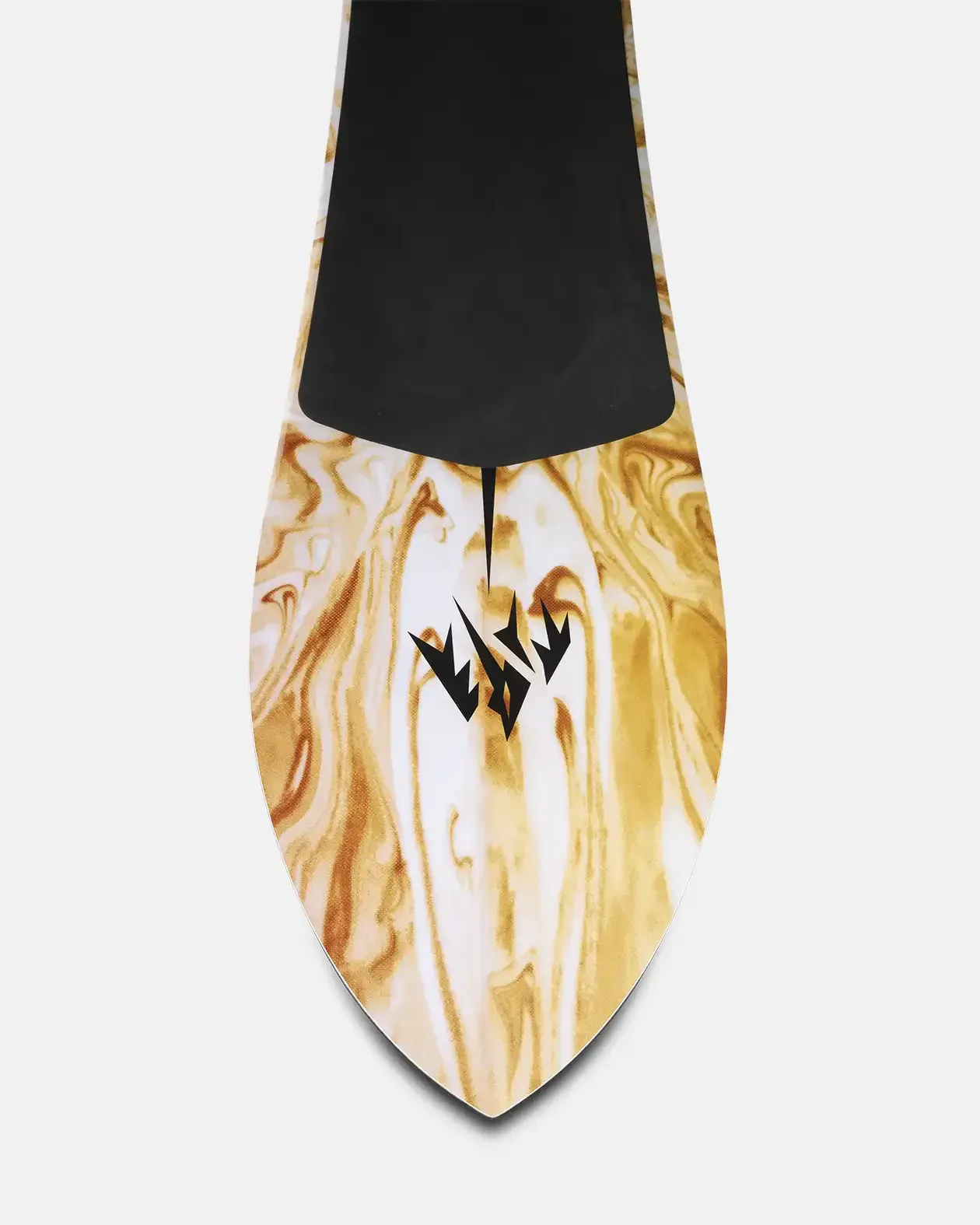 Marbled patterned snowboard with a brand logo on a white background