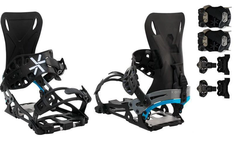 Black snowboard bindings with multiple straps on a white background