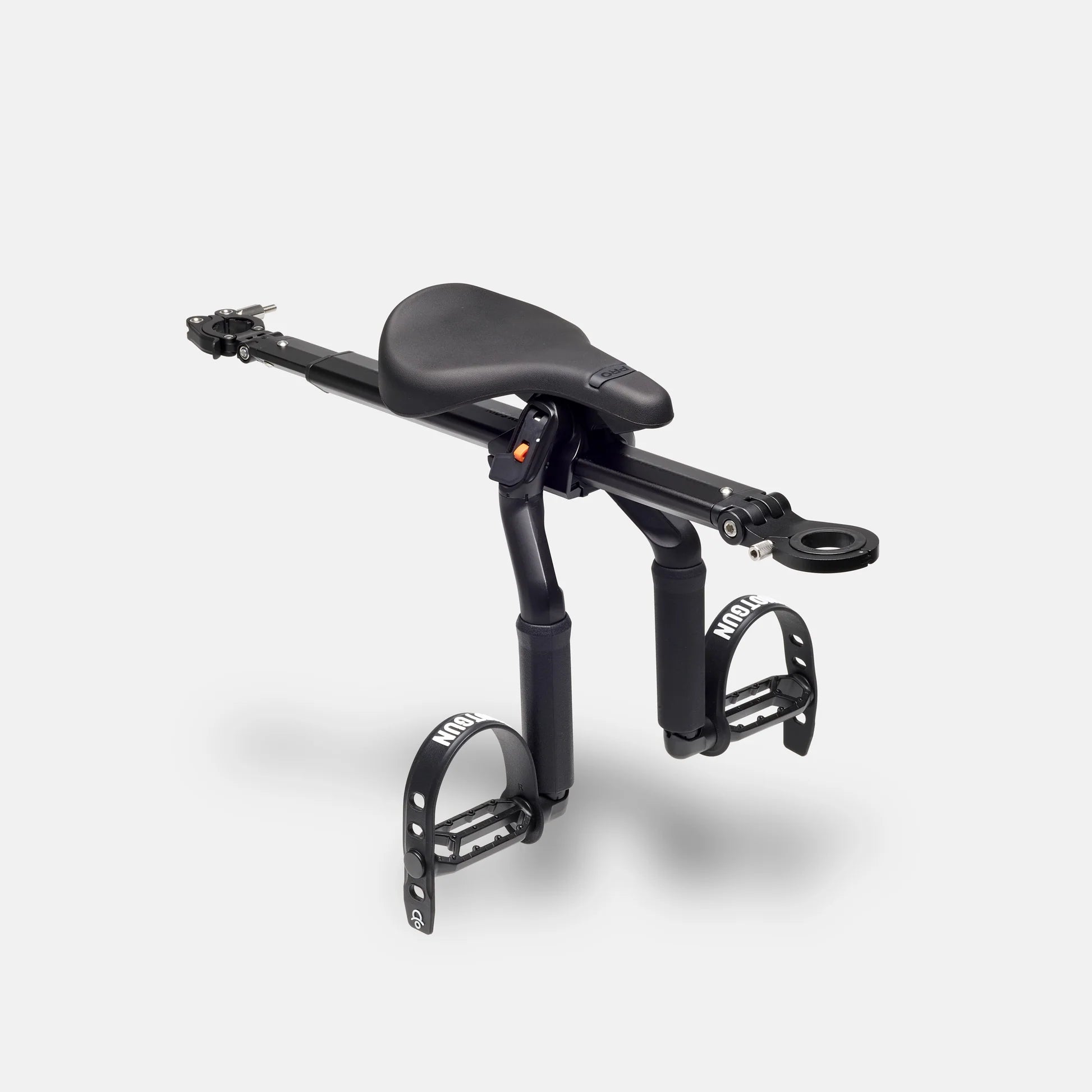 Black bike seat and frame on a white background