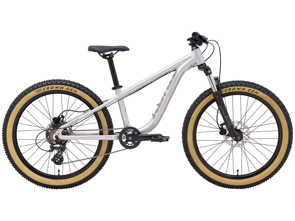 White mountain bike with black components on a white background