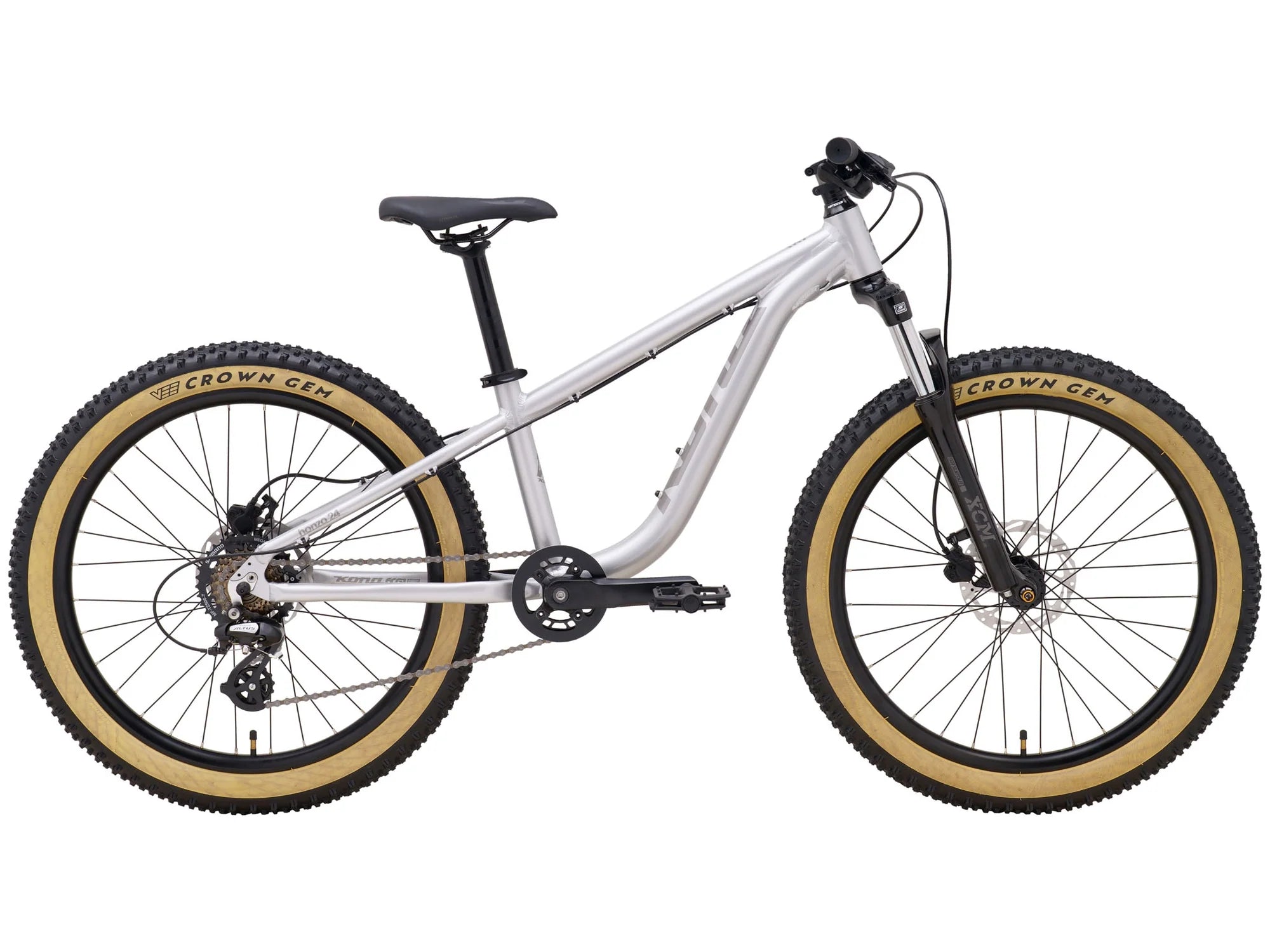 White mountain bike with black components on a white background