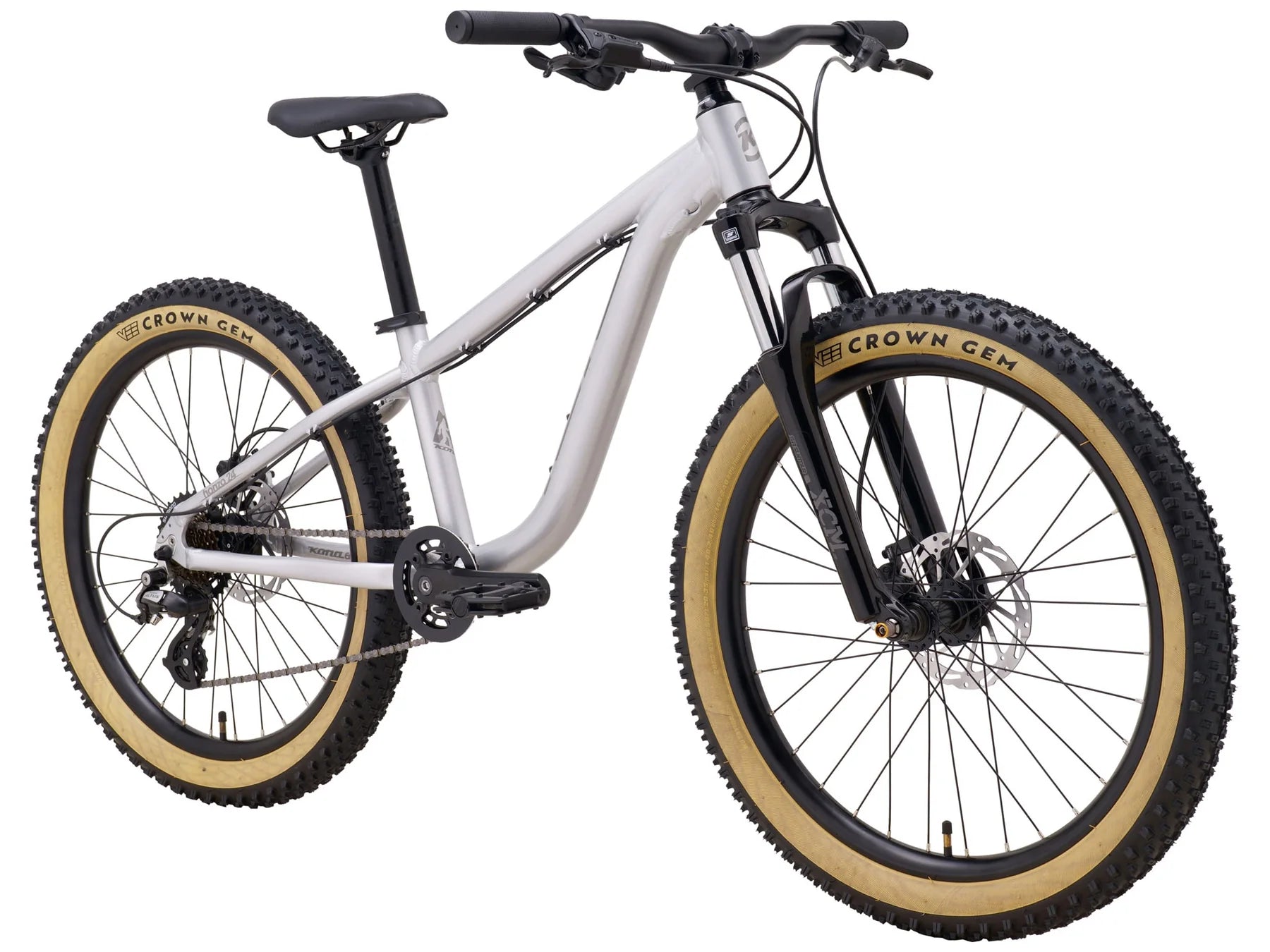 White mountain bike with black components on a white background