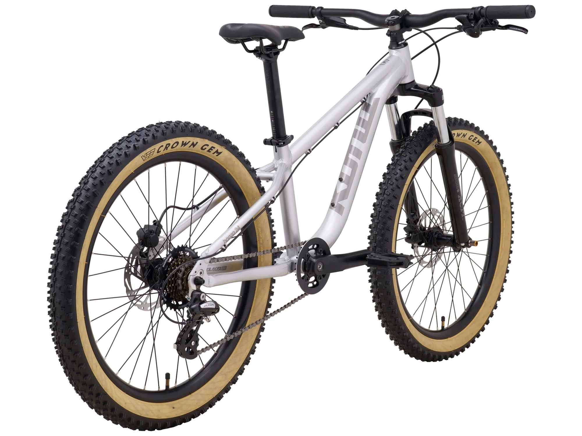 White mountain bike with black components on a white background