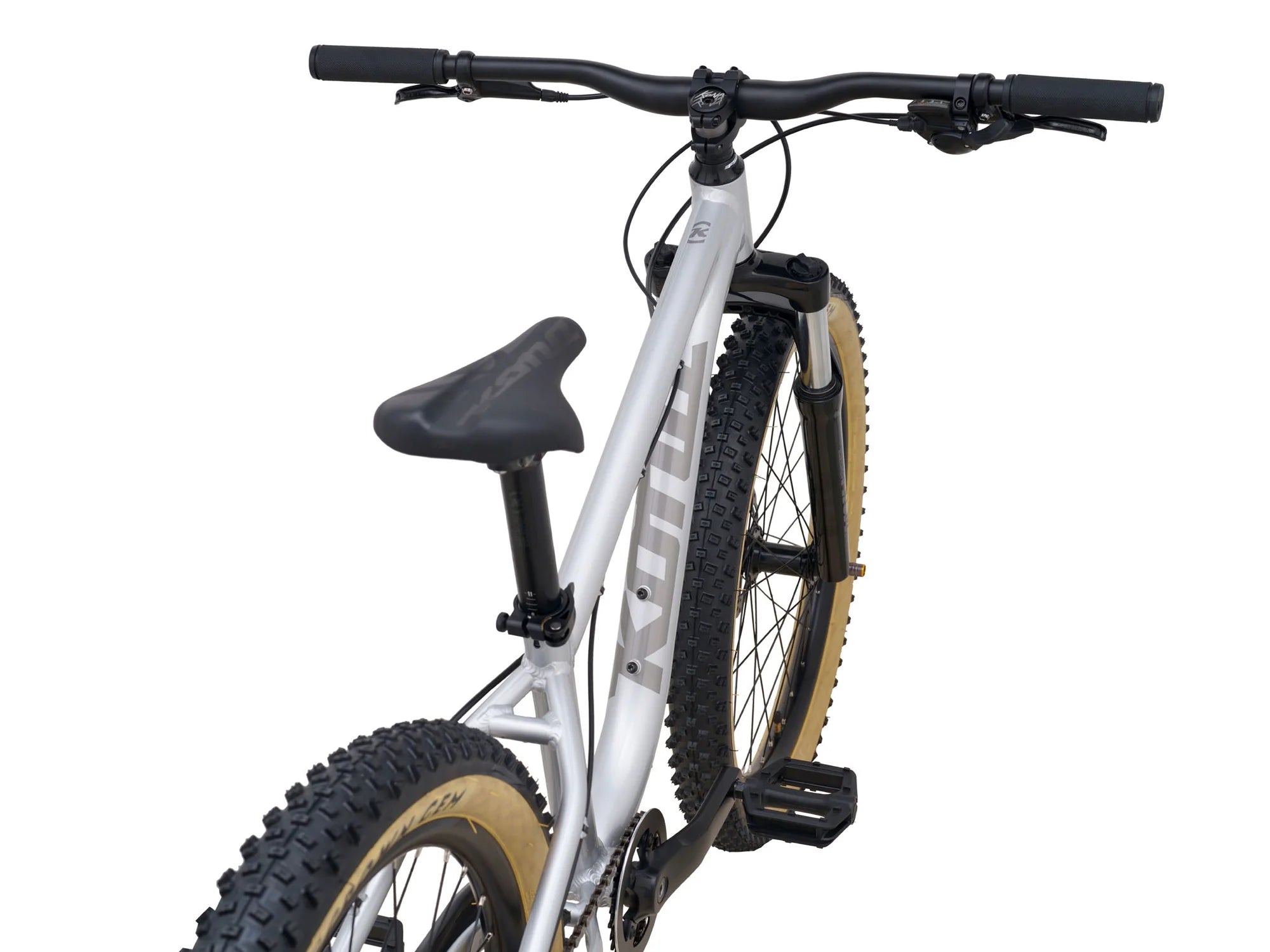 White mountain bike with black seat on a white background