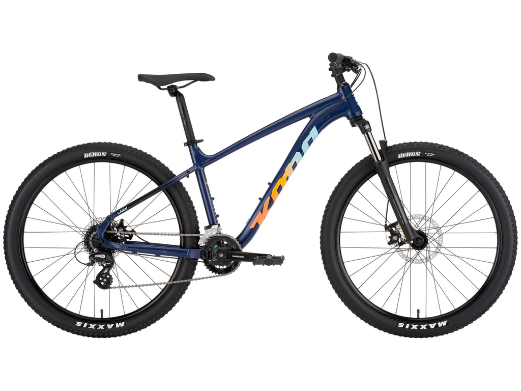 Blue mountain bike with orange accents on a white background