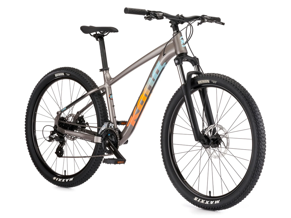 Mountain bike with a metallic frame on a white background