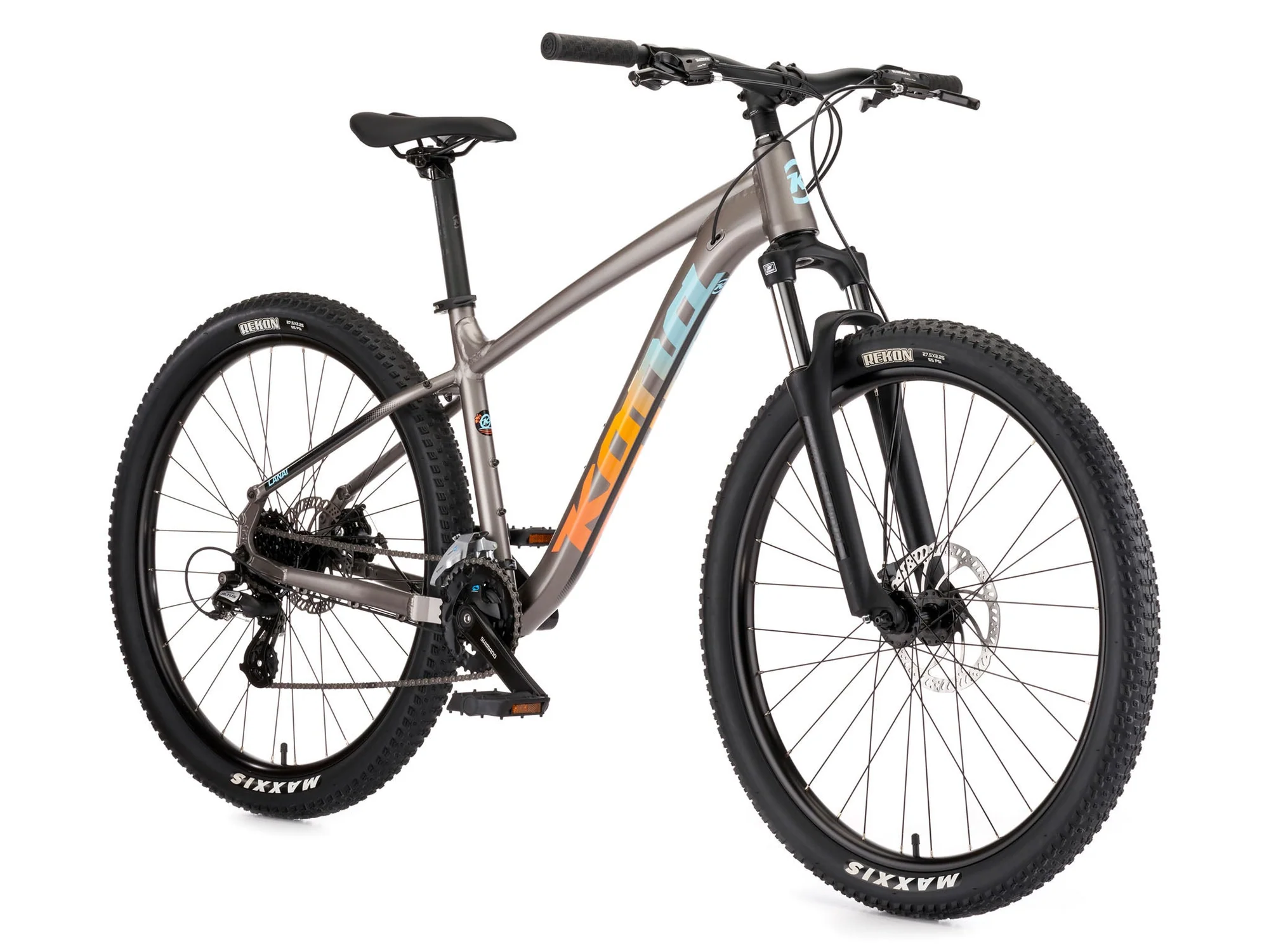 Mountain bike with a metallic frame on a white background
