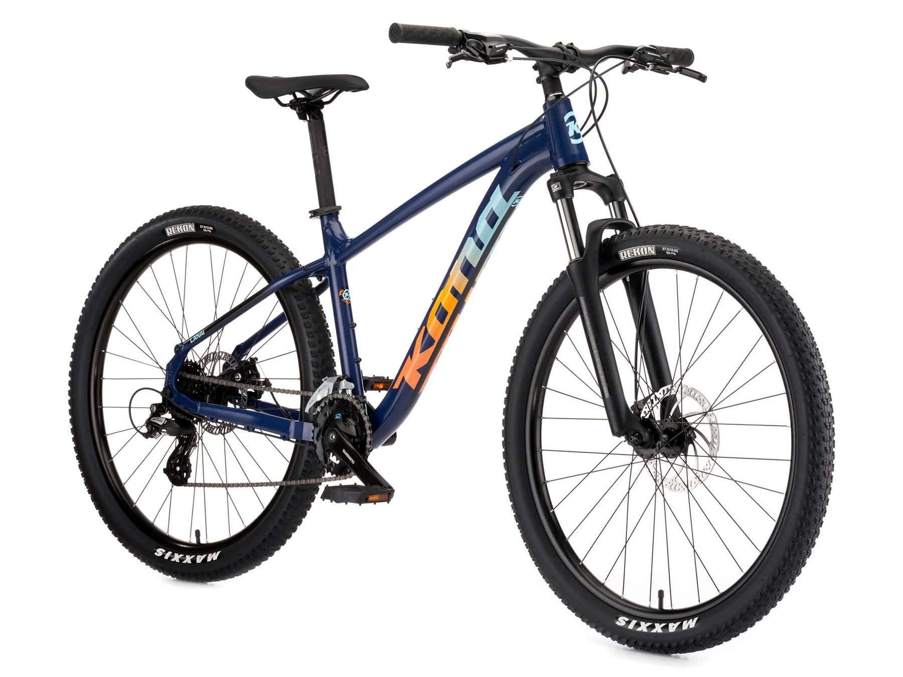 Blue mountain bike with black tires on a white background