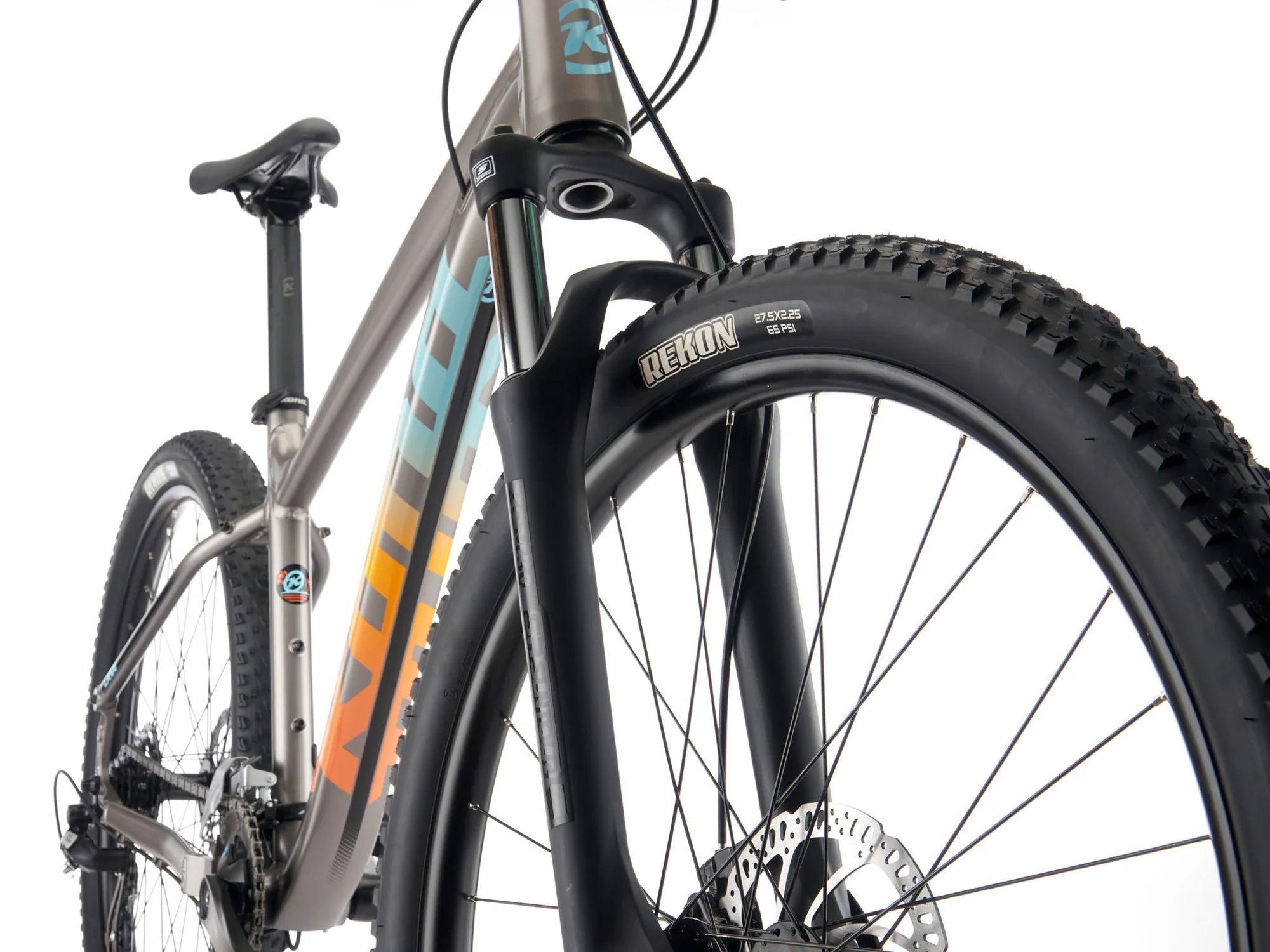 Close-up of a mountain bike with a white background