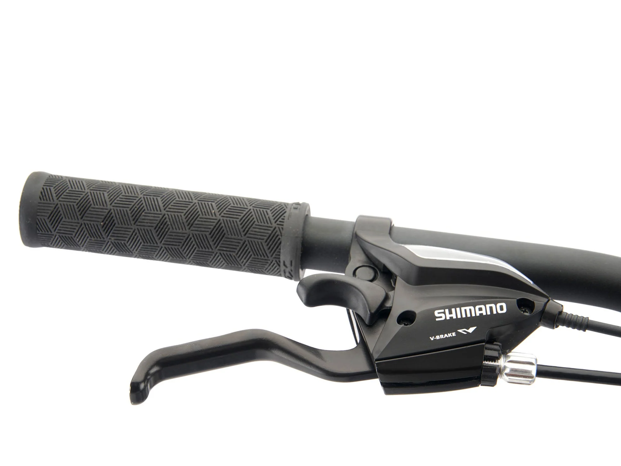 Close-up of a Shimano bicycle handlebar grip and brake lever on a white background
