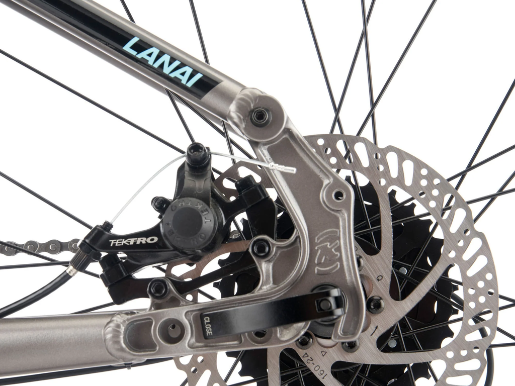 Close-up of a bicycle's disc brake system with 'LANAI' branding.