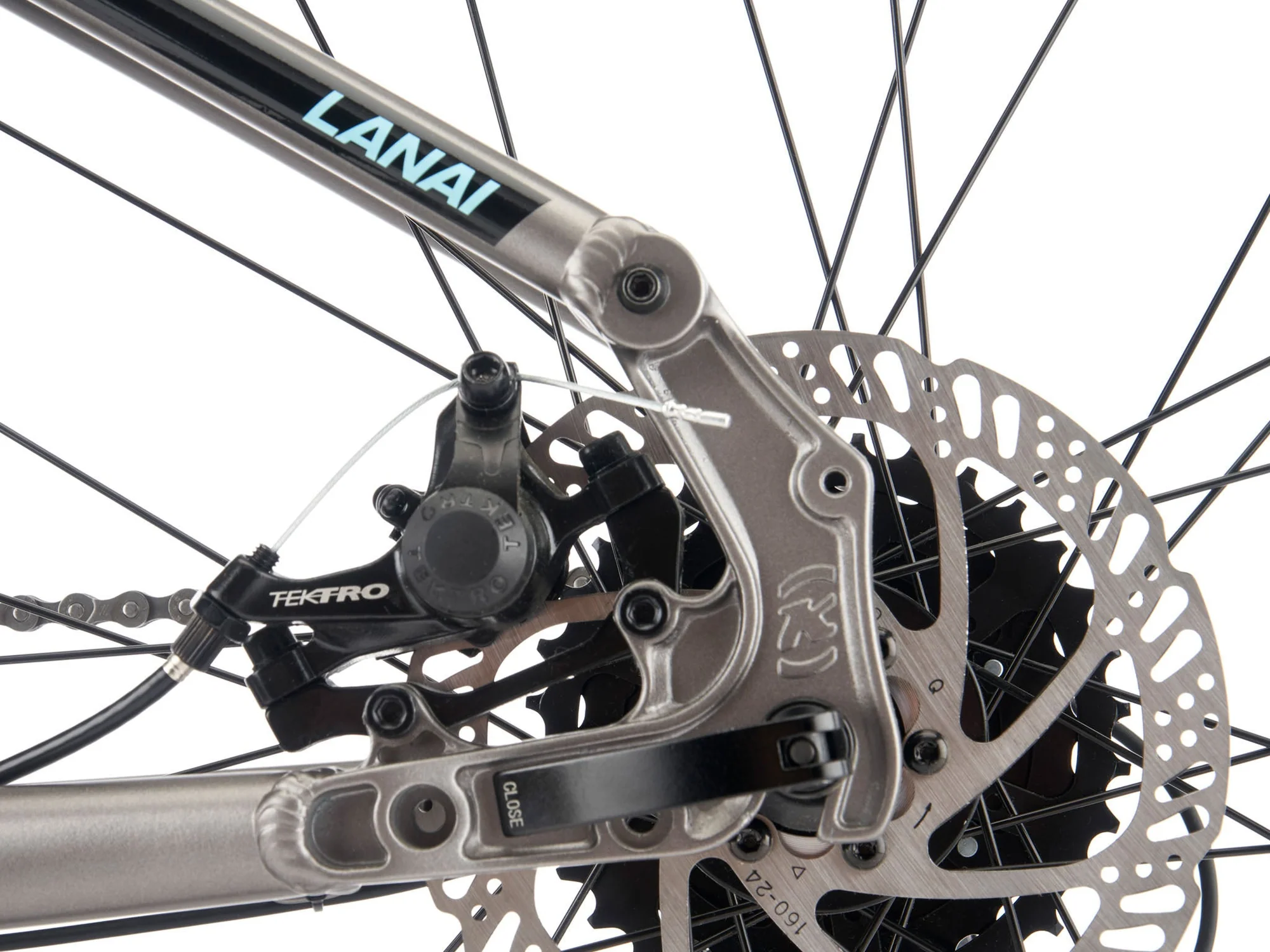Close-up of a bicycle's disc brake system with 'LANAI' branding.