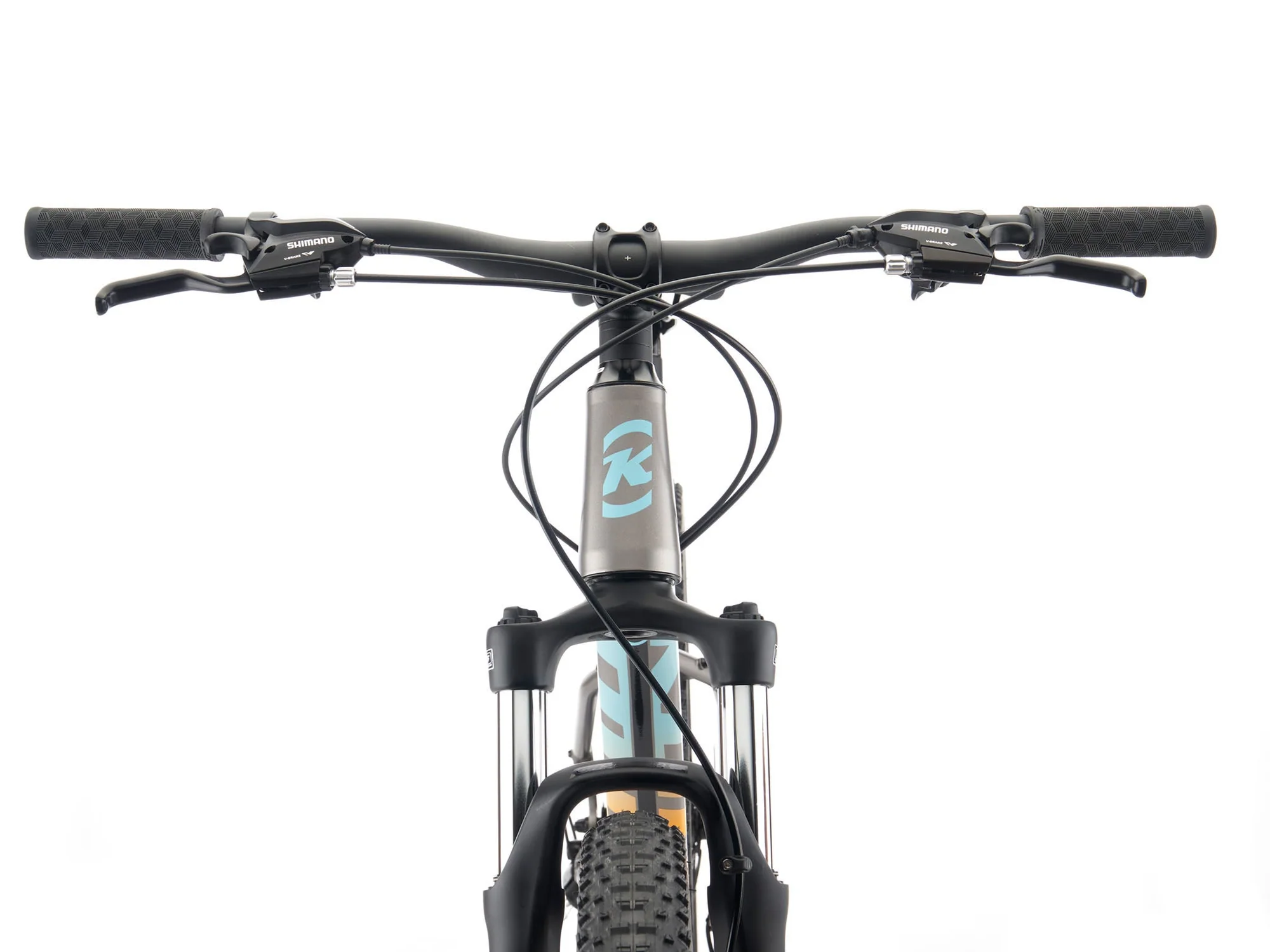 Close-up of a bicycle handlebar with a brand logo on a white background
