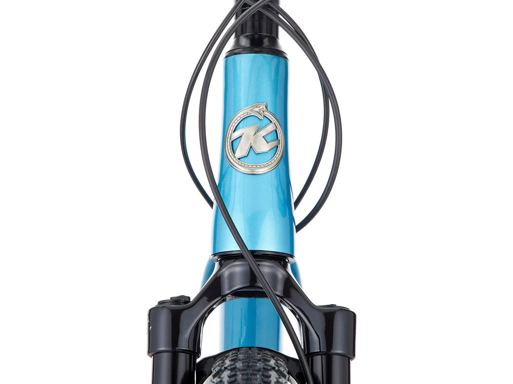 Close-up of a blue bicycle fork with a brand logo on a white background