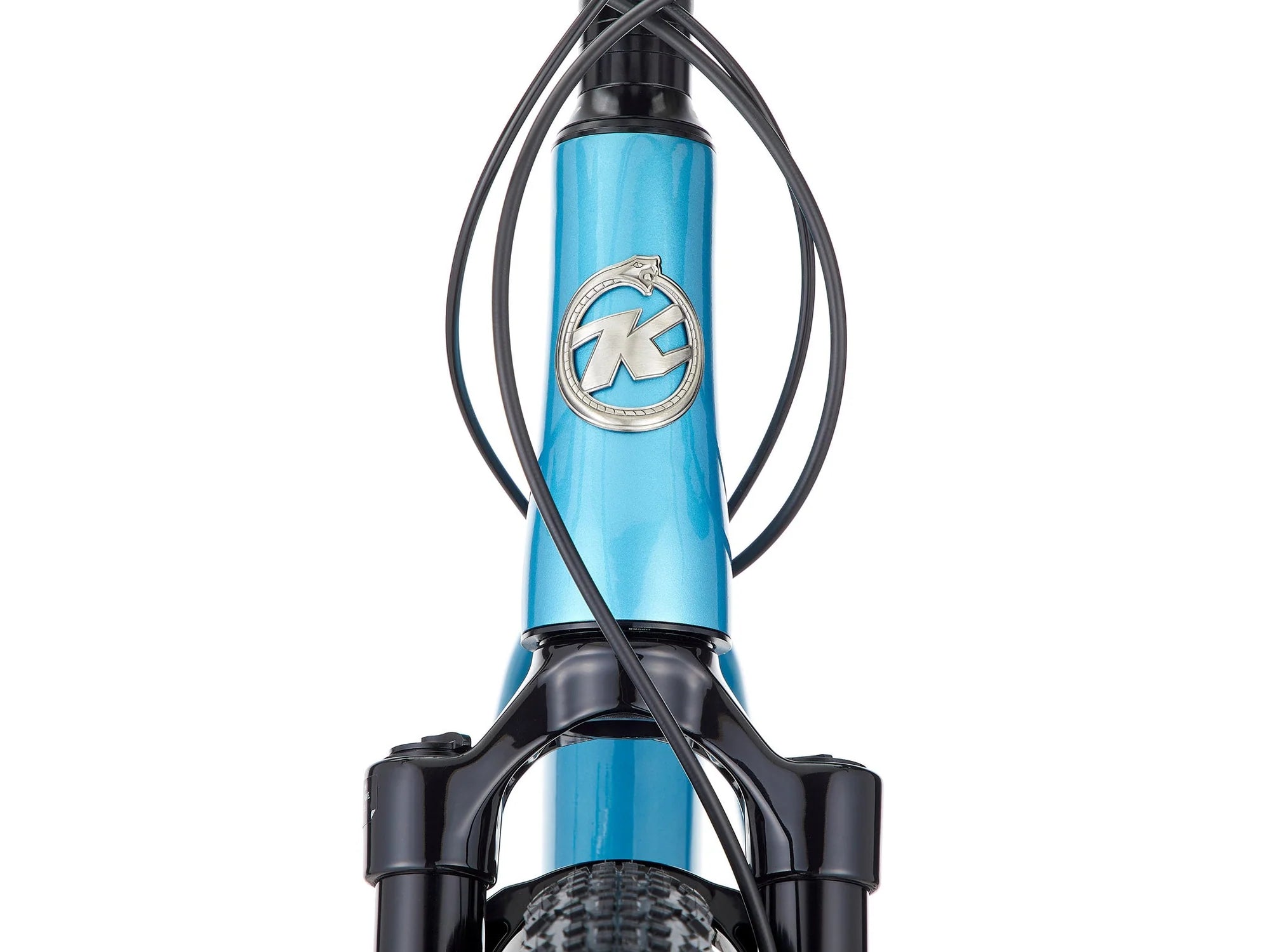 Close-up of a blue bicycle fork with a brand logo on a white background