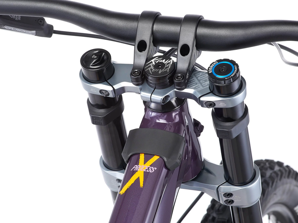 Close-up of a bicycle handlebar with purple frame and brand logo on a white background